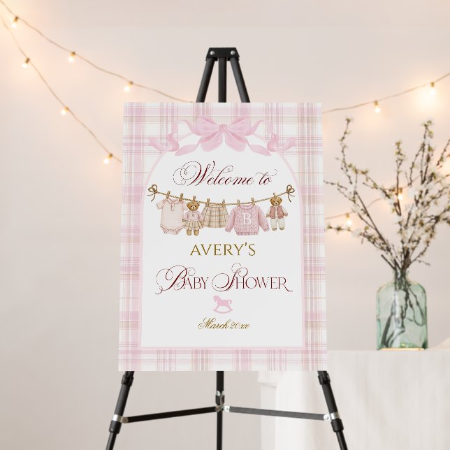 Pink Preppy Teddy Bear Girl Baby Shower Plaid Bow  Foam Board (In Situ (Stand))