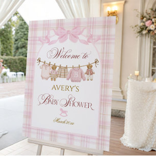 Pink Preppy Teddy Bear Girl Baby Shower Plaid Bow  Foam Board