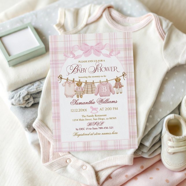 Pink Preppy Teddy Bear Girl Baby Shower Plaid Bow Invitation (Creator Uploaded)