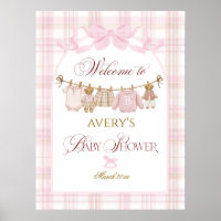 Pink Preppy Teddy Bear Girl Baby Shower Plaid Bow