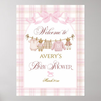 Pink Preppy Teddy Bear Girl Baby Shower Plaid Bow Poster