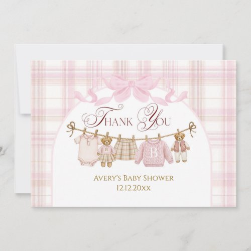 Pink Preppy Teddy Bear Girl Baby Shower Plaid Bow