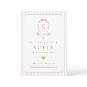 Pink Preppy Tennis Crest 1st Birthday invite