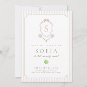 Pink Preppy Tennis Crest 1st Birthday invite