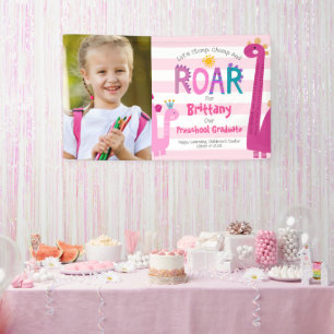 Pink Preschool Graduation Photo Dinosaur Girl Cute Banner