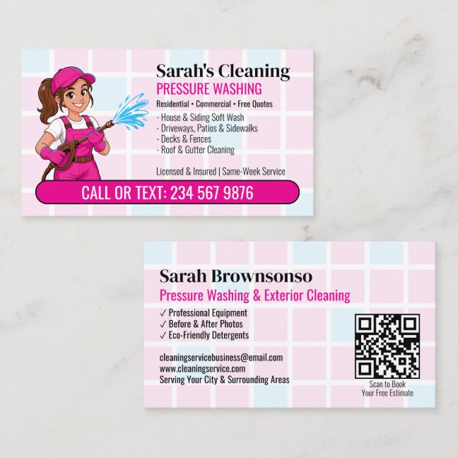 Pink Pressure Washing Girl Cartoon QR Power Wash Business Card