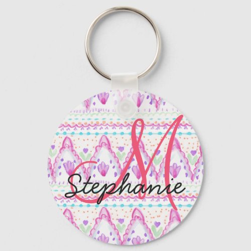 Pink Pretty Bohemian Watercolor Aztec Monogram Keychain