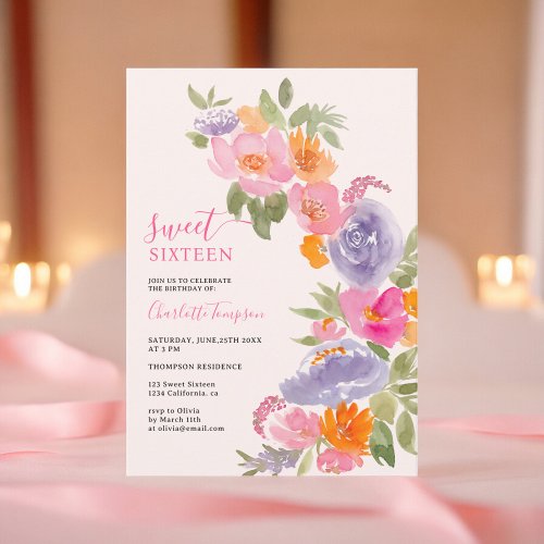 Pink Pretty boho floral watercolor sweet 16 Invitation