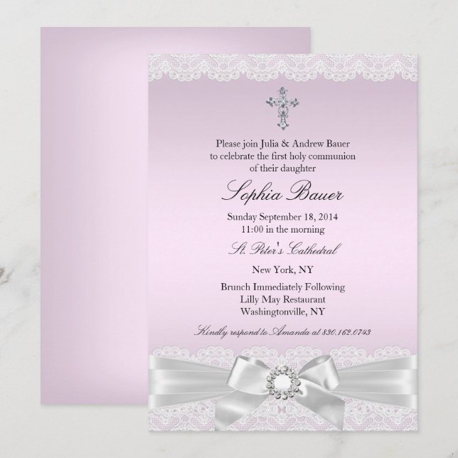 Pink Pretty Bow & Cross Holy Communion Invitation (Front/Back)