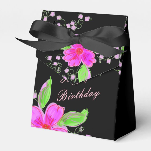 Pink Pretty Flowered Chocolate Favor Box In Black (Front Side)