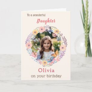 Pink Pretty Flowers Daughter Photo Birthday Card