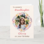 Pink Pretty Flowers Granddaughter Photo Birthday Card<br><div class="desc">This pretty card can be personalized with your granddaughter's name, and a favorite photo. Your chosen photograph will appear in a charming floral surround with a watercolor effect. The text at the top of the card is 'To a wonderful Granddaughter', with her name below the picture and 'on your birthday'...</div>