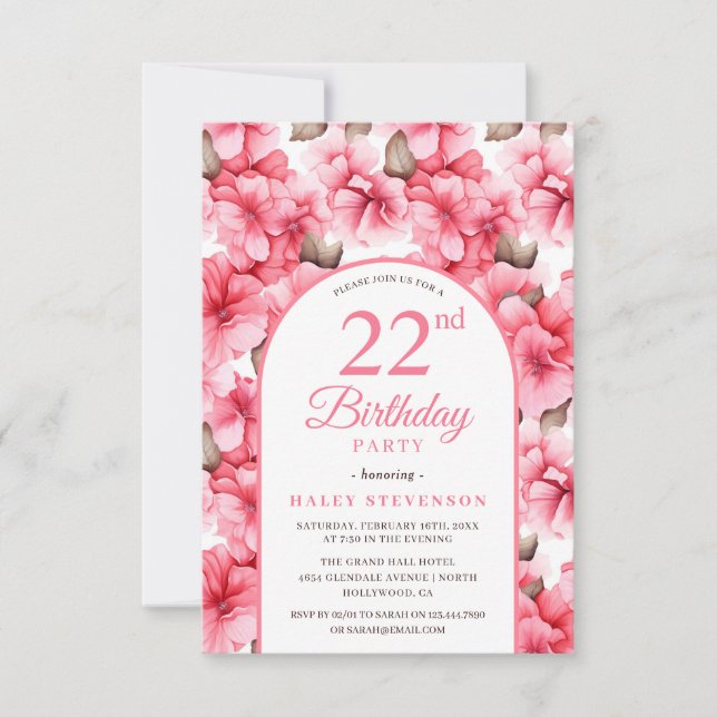 Pink Pretty Garden Floral Arch Chic 22nd Birthday Invitation (Front)