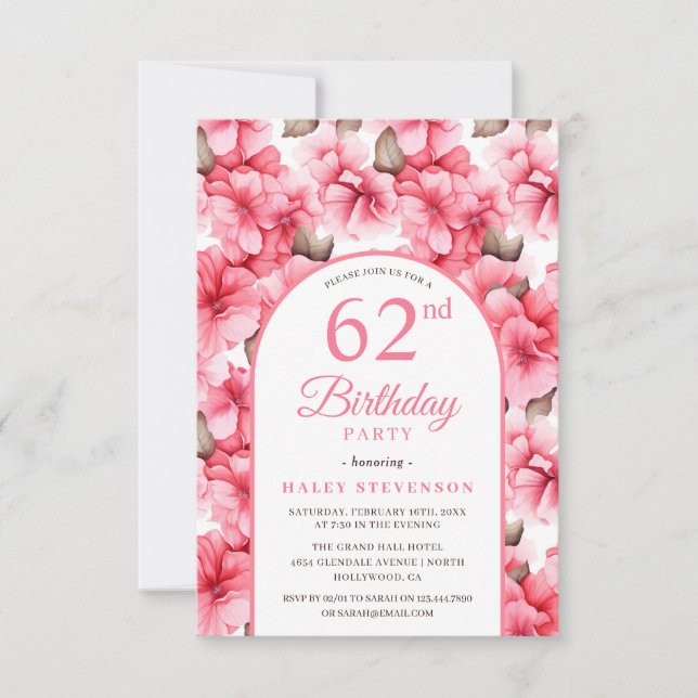 Pink Pretty Garden Floral Arch Chic 62nd Birthday Invitation (Front)