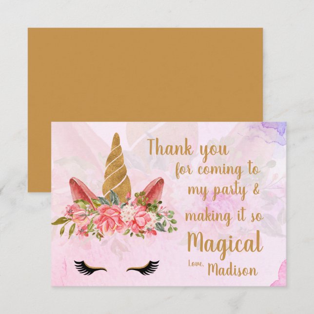  Pink Pretty Paste Floral Unicorn Birthday Thank You Card (Front/Back)