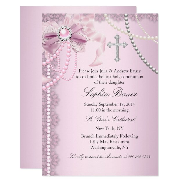 Pink Pretty Pearl Bow Cross First Holy Communion Invitation