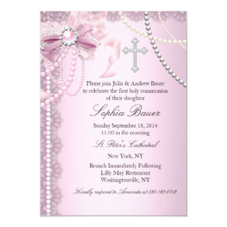 Pink Pretty Pearl Bow Cross First Holy Communion Card