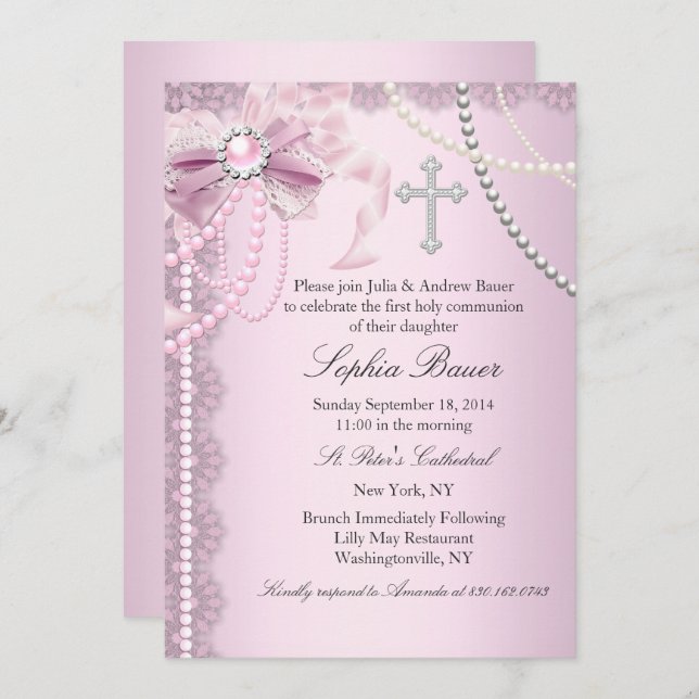 Pink Pretty Pearl Bow Cross First Holy Communion Invitation (Front/Back)
