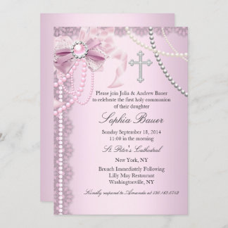 Pink Pretty Pearl Bow Cross First Holy Communion Invitation