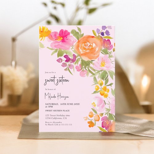 Pink Pretty romantic summer floral sweet 16 Invitation