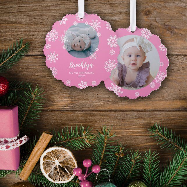 Pink Pretty Snowflakes Baby Girl's 1st Christmas Ornament Card (Creator Uploaded)