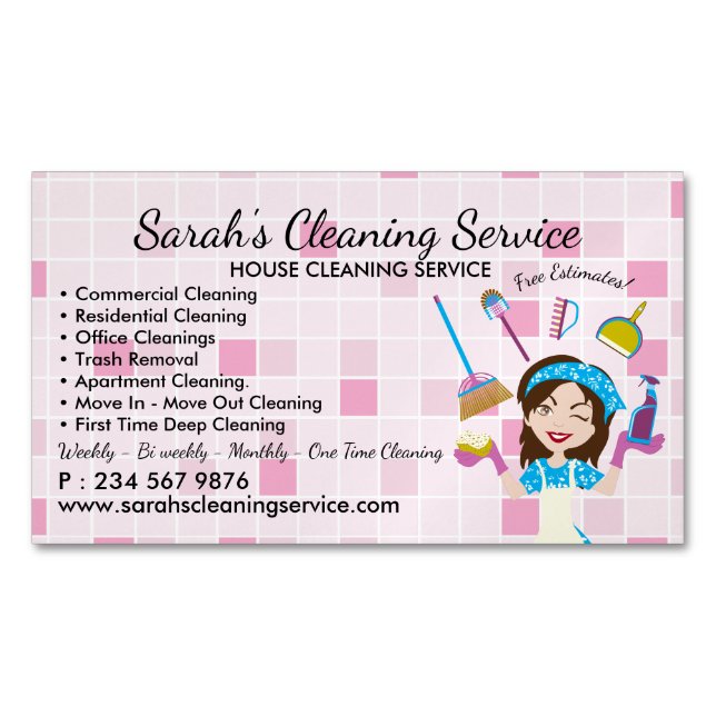 Pink Pretty Woman Cleaning & Maid Services Business Card Magnet (Front)