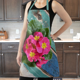 Pink Primrose Aqua Blue Colorful Floral Rustic Apron