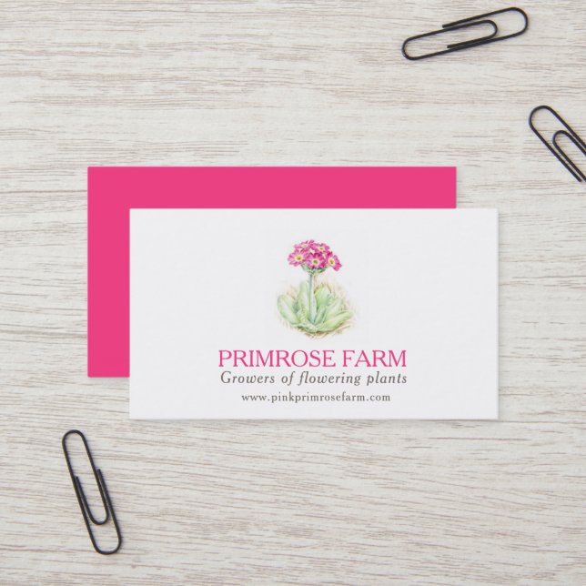 Pink primrose farm plant suppliers business card (Front/Back In Situ)