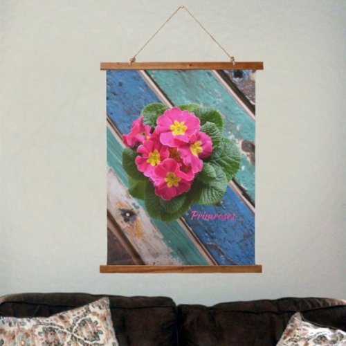 Pink Primroses on Teal and Turquoise Rustic Hanging Tapestry