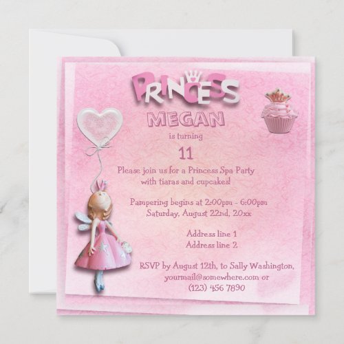Pink Princess 11th Birthday Spa Party Invitation