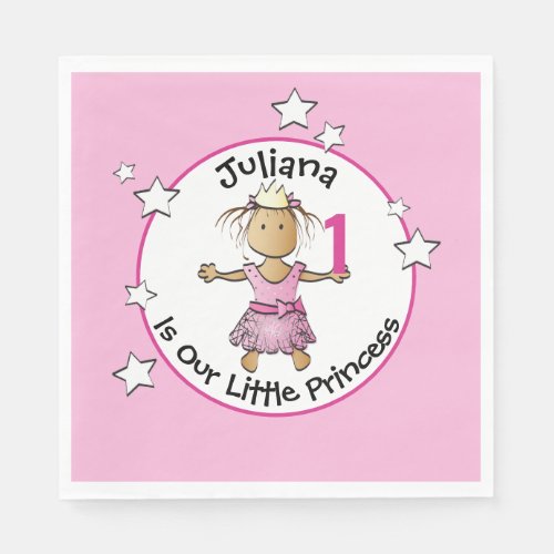 Pink Princess 1st Birthday Cute Cartoon Party Napkins