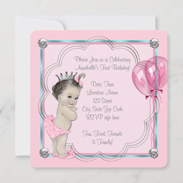 Pink Princess 1st Birthday Party Invitation (Back)