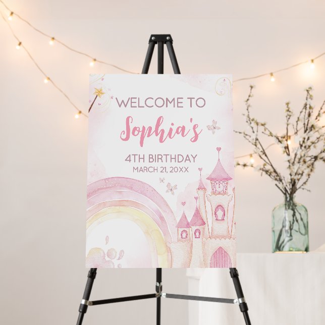Pink Princess 4th Birthday Party Welcome Sign (In Situ (Stand))