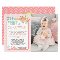 Pink Princess Baby Girl First Birthday Invitation