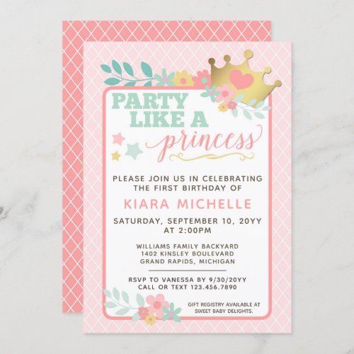 Pink Princess Baby Girl First Birthday Invitation