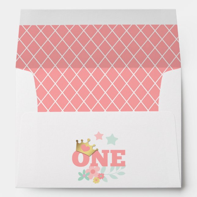 Pink Princess Baby Girl First Birthday Invitation Envelope (Back (Bottom))