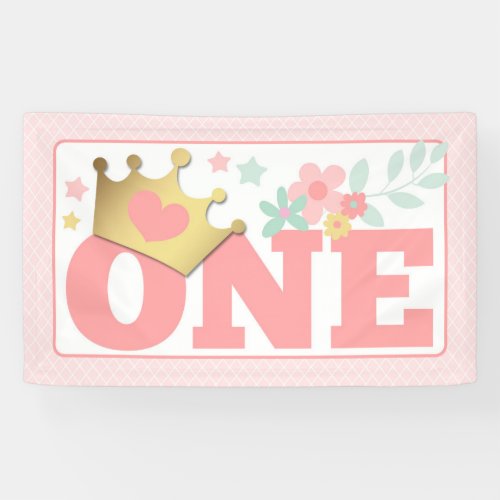 Pink Princess Baby Girl First Birthday Party ONE Banner