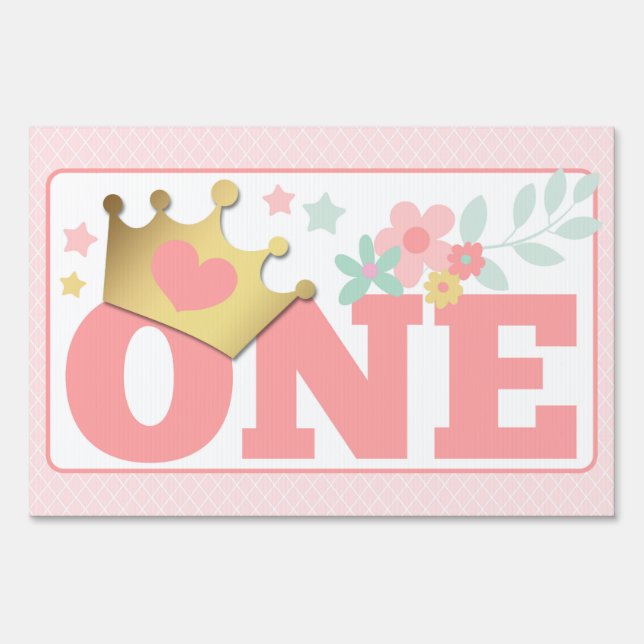 Pink Princess Baby Girl First Birthday Party ONE Sign (Front)