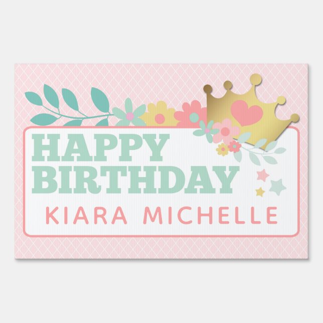Pink Princess Baby Girl Happy Birthday Party Sign (Front)