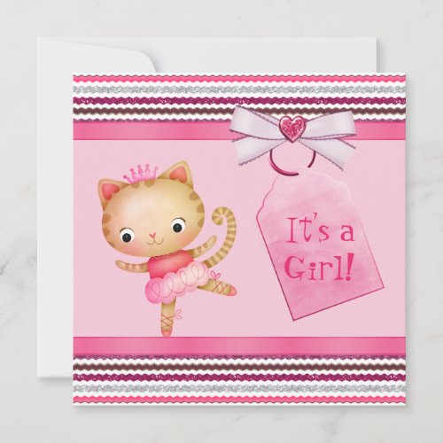 Pink Princess Ballerina Kitty Cat Baby Shower Invitation