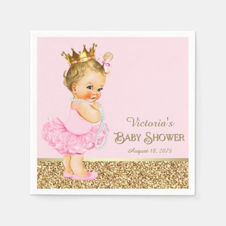 Pink Princess Ballerina Pink Gold Baby Shower Paper Napkins