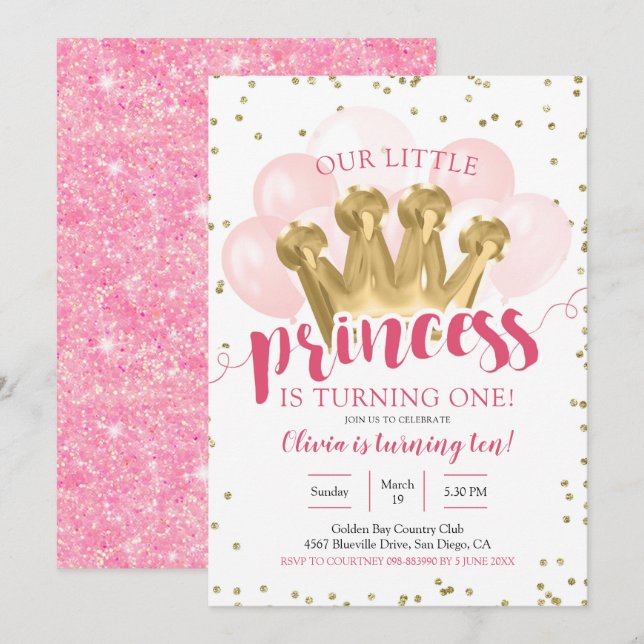 Pink Princess Balloon Birthday Invitation (Front/Back)