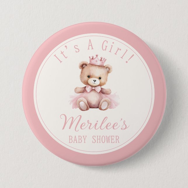 Pink Princess Bear Baby Girl Baby Shower Button (Front)