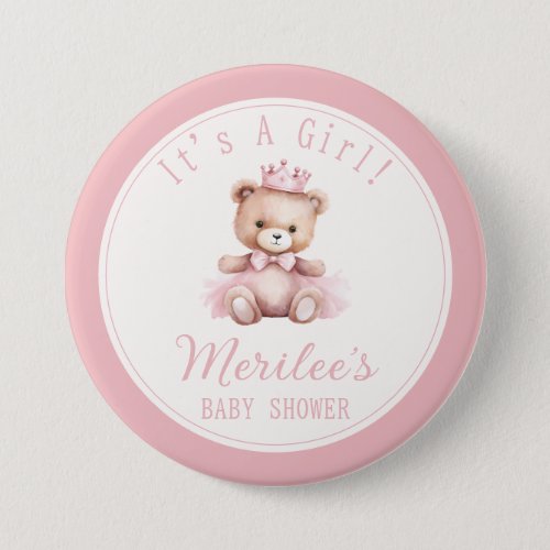 Pink Princess Bear Baby Girl Baby Shower Button