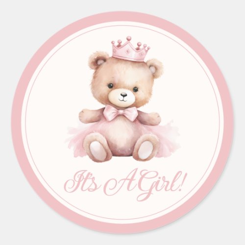 Pink Princess Bear Baby Girl Baby Shower Classic Round Sticker