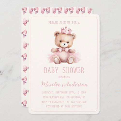 Pink Princess Bear Baby Girl Baby Shower Invitation
