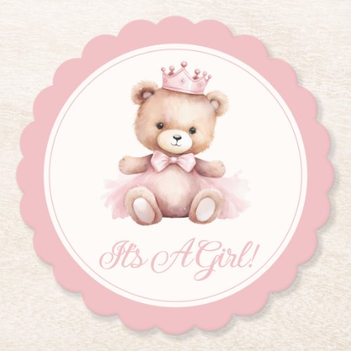 Pink Princess Bear Baby Girl Baby Shower Paper Coaster