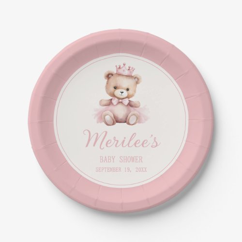 Pink Princess Bear Baby Girl Baby Shower Paper Plates