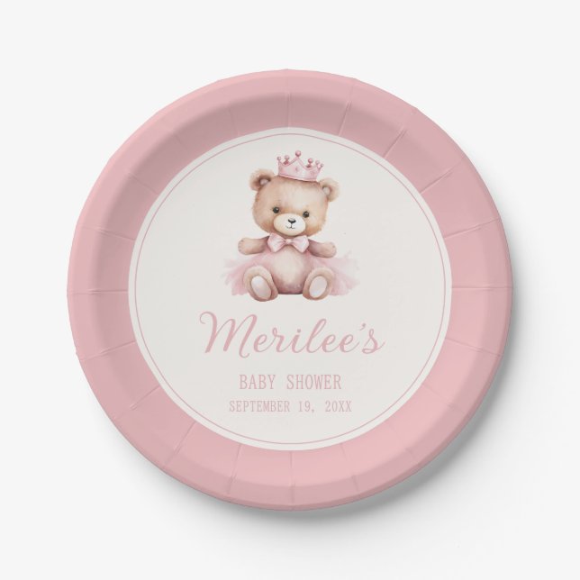 Pink Princess Bear Baby Girl Baby Shower Paper Plates (Front)