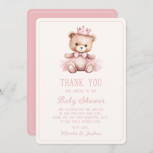 Pink Princess Bear Baby Girl Baby Shower Thank You Card